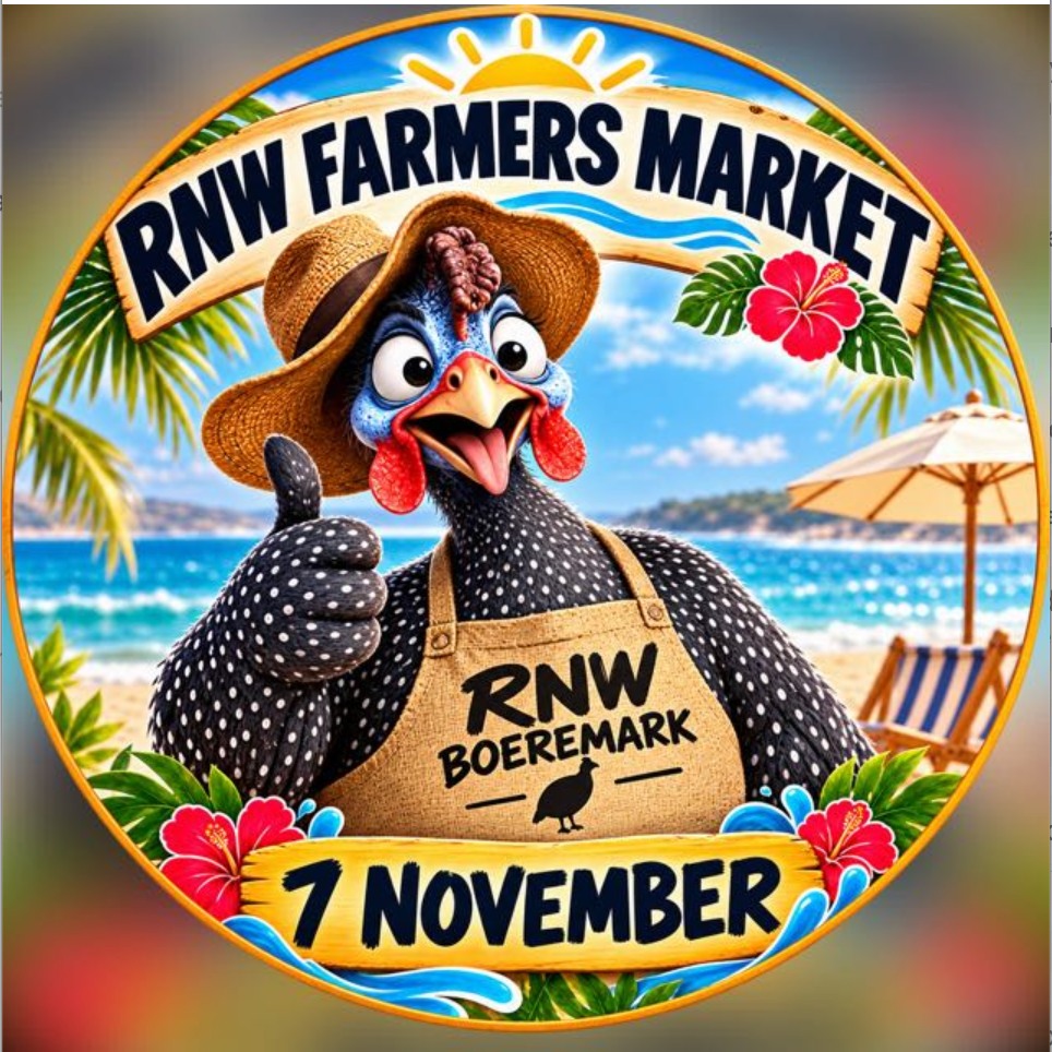 RNW's cheerful guinea-fowl mascot in a straw hat, promoting the 7 November farmers market